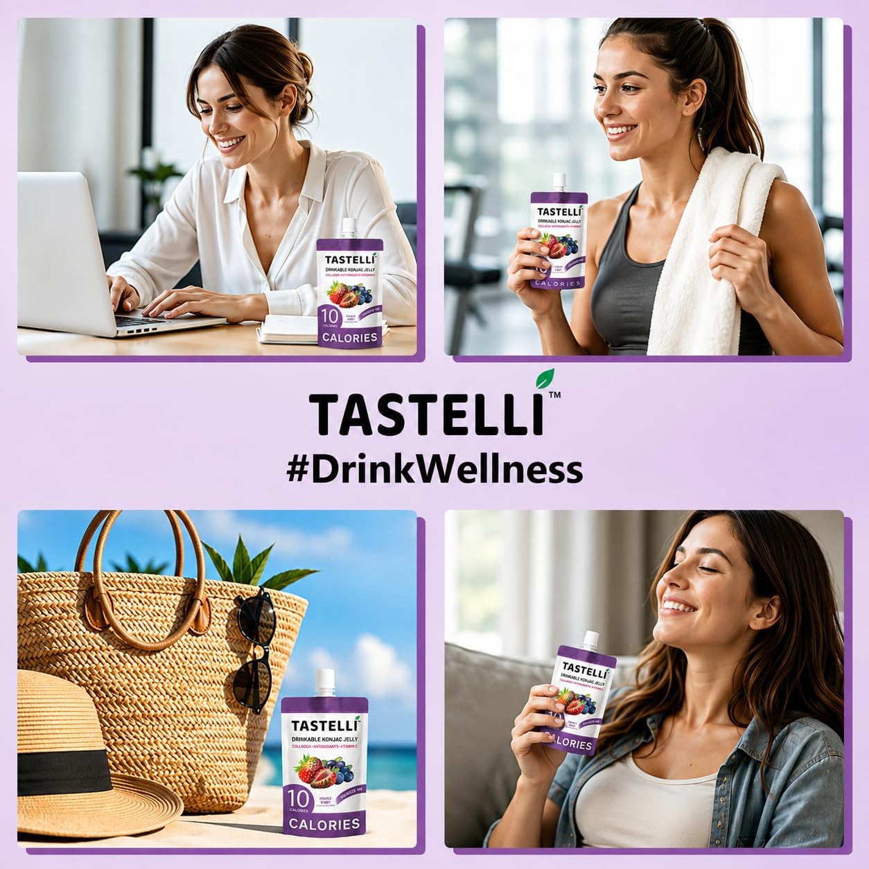 Tastelli Konjac Jelly Infused with 1000mg Collagen & Vitamin C | Gluten Free, Sugar Free, Low Calorie | Vegan Drinkable Fruit Jelly Snack | Double Berry | 150mL x 10 Pouches Korean Fruit Snack