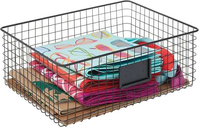 mDesign Wire Storage Basket  Wire Basket with Label Slot for Storing Items  Metal Basket for Kitchen, Bedroom, Bathroom and More  40.6 cm x 30.5 cm x 15.2 cm  Matte Black
