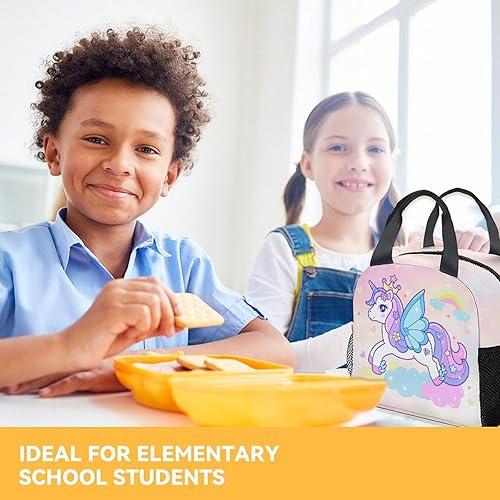 Miniatura 7 de Lonchera de unicornio para niños, lonchera aislada para niñas y niños, lindas bolsas de almuerzo blancas reutilizables, pequeña con bolsillos, bolsa