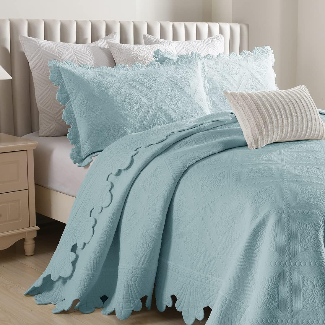 vctops 3-Piece Cotton Quilted Embroidered Bedspread Coverlet Set Queen Size Lightweight Soft Solid Quilt Set with Pillow Shams for All Season (Blue,91"x98")
