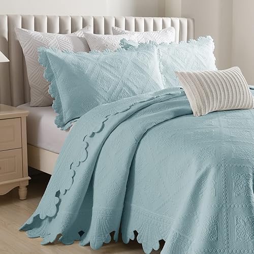 Miniatura 3 de vctops Juego de colcha bordada de algodón de 3 piezas, tamaño Queen, ligera, suave, sólida, con fundas de almohada para todas las estaciones (azul,