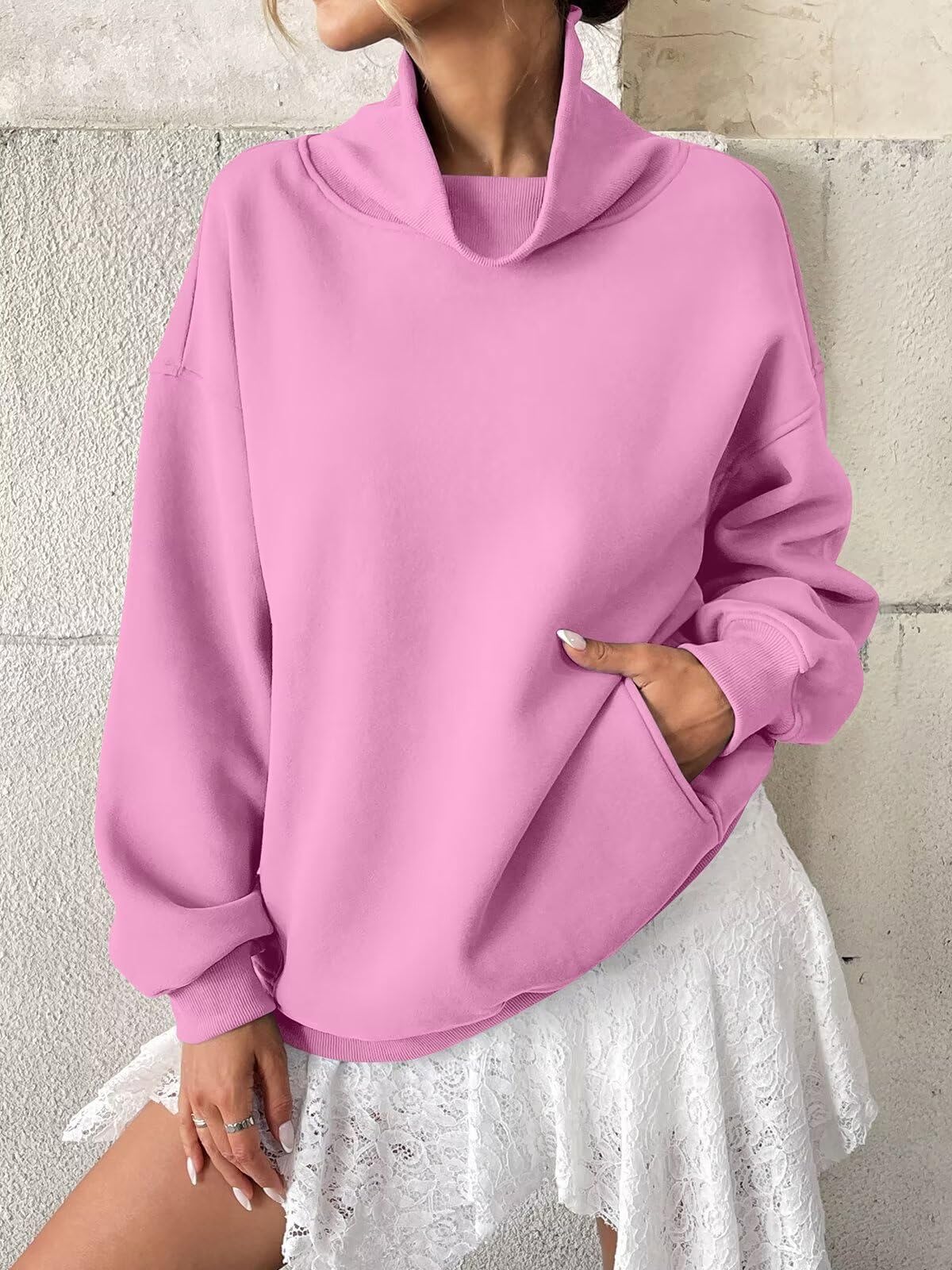 Tomwell Sudaderas de forro polar para mujer con bolsillos, cuello de tortuga, de moda, de manga larga, para otoño