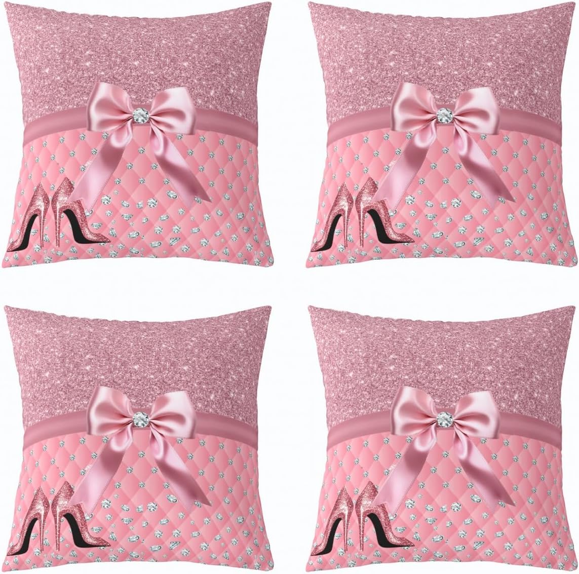 Feelyou Glitter (No Glitter No Sequin) Diamond Reversible Throw Pillow Covers Pastel Pink Square Cushion Covers Set of 2 for Kids High Heels Pillow Covers Home Decor Dreamy 24 x 24-Inch