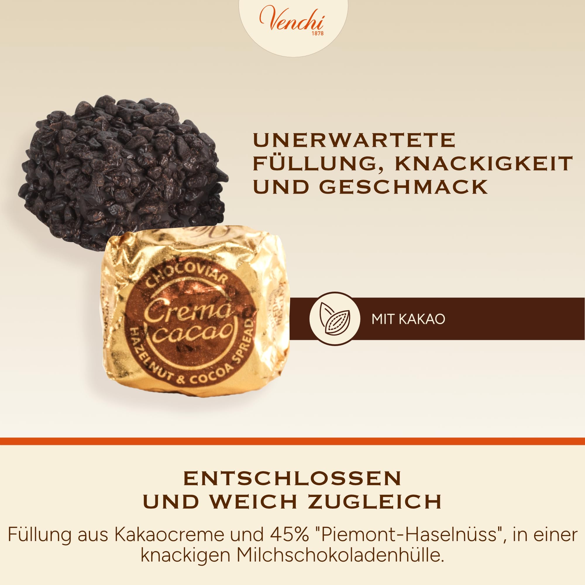 Venchi – Chocoviar Crème Kakao, 1 kg – Pralinen mit Streichcreme aus IGP-Piemont Haselnüssen – Glutenfrei
