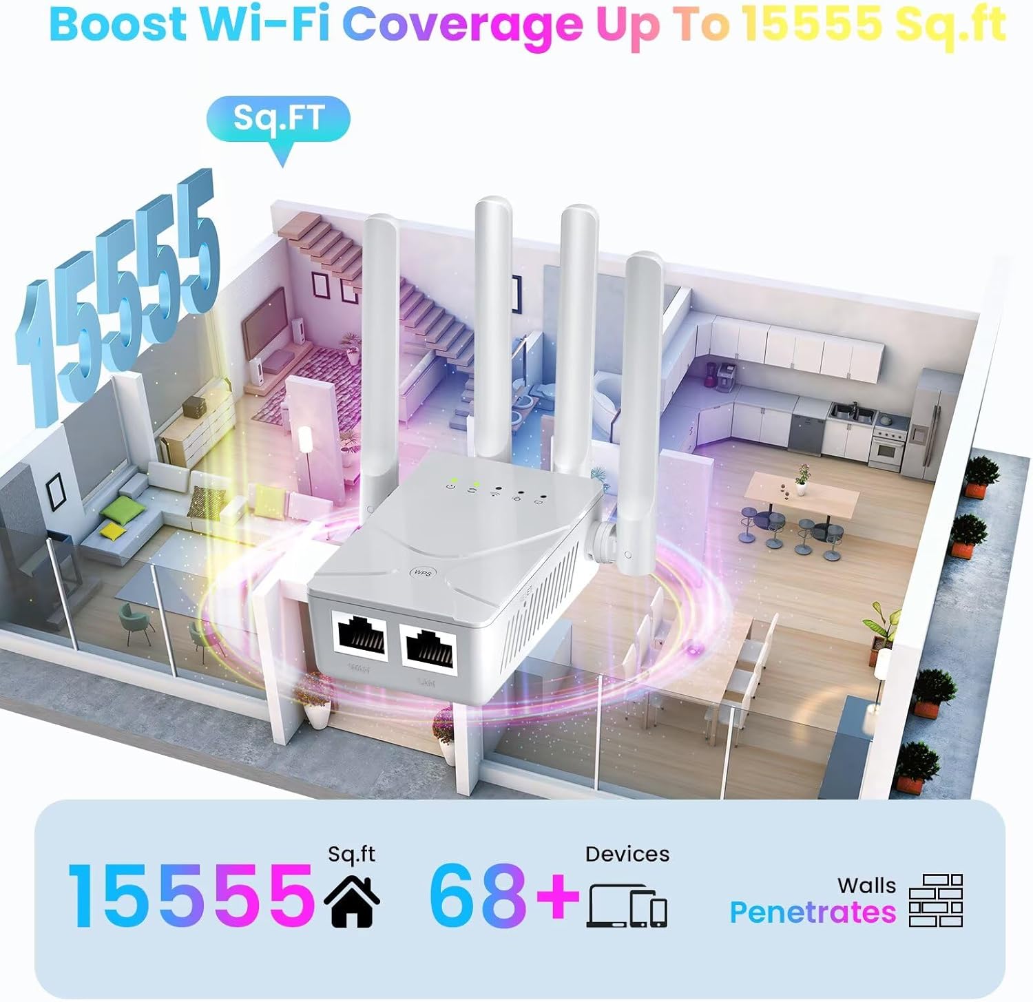 2026 WiFi Extender Signal Booster for Home, 15555 Sq.ft Long Range Internet Repeater-95% Faster,Strongest Wireless Router Amplifier w/Ethernet Port,Mesh Wi-Fi Repeater Support 99% Devices,1-Tap Setup