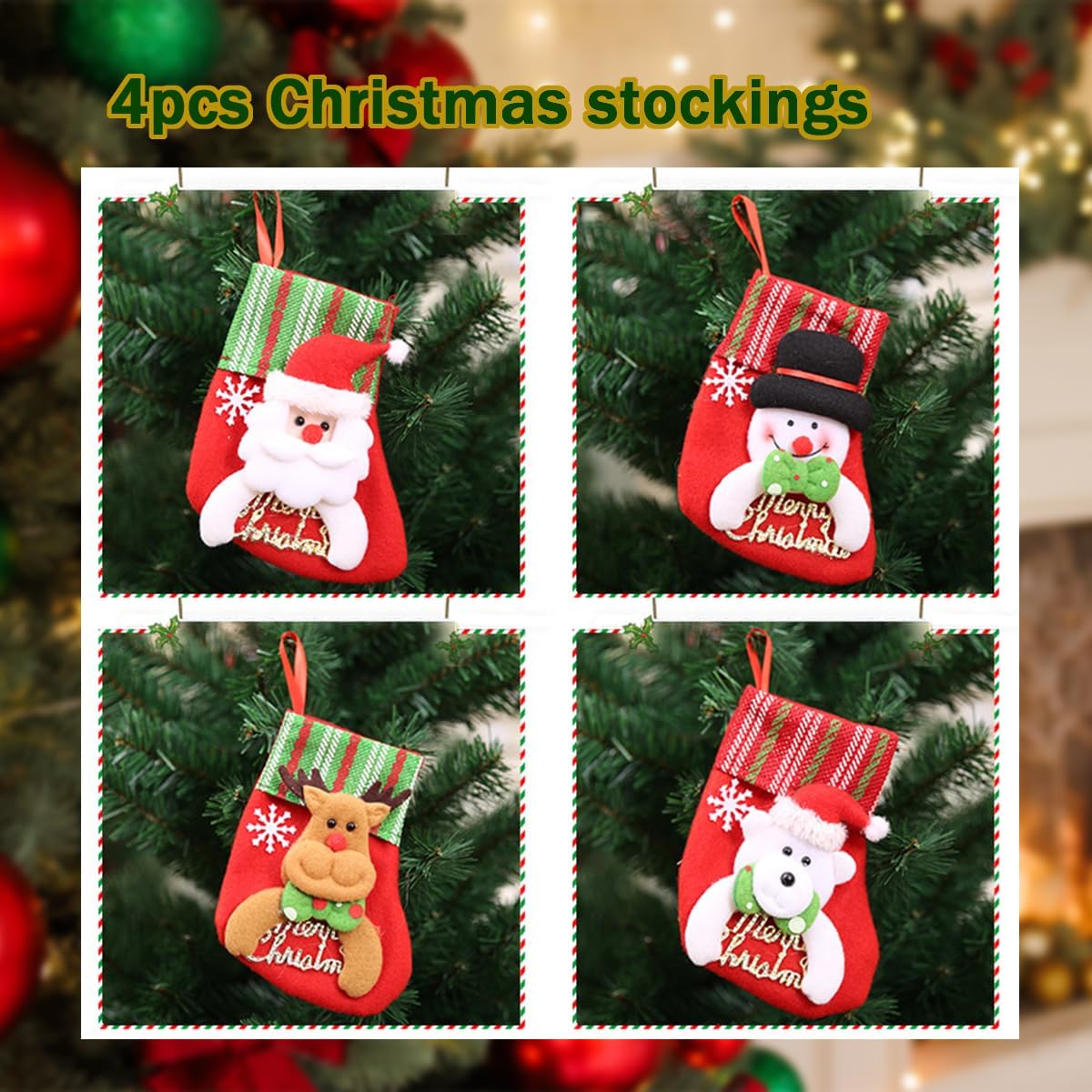 Christmas Stockings Flatware Holders, Funny Red Green Christmas Stocking Cutlery Set Holders for Table Decorations, Small Stockings Christmas 4pack, Xmas Tree Stocking
