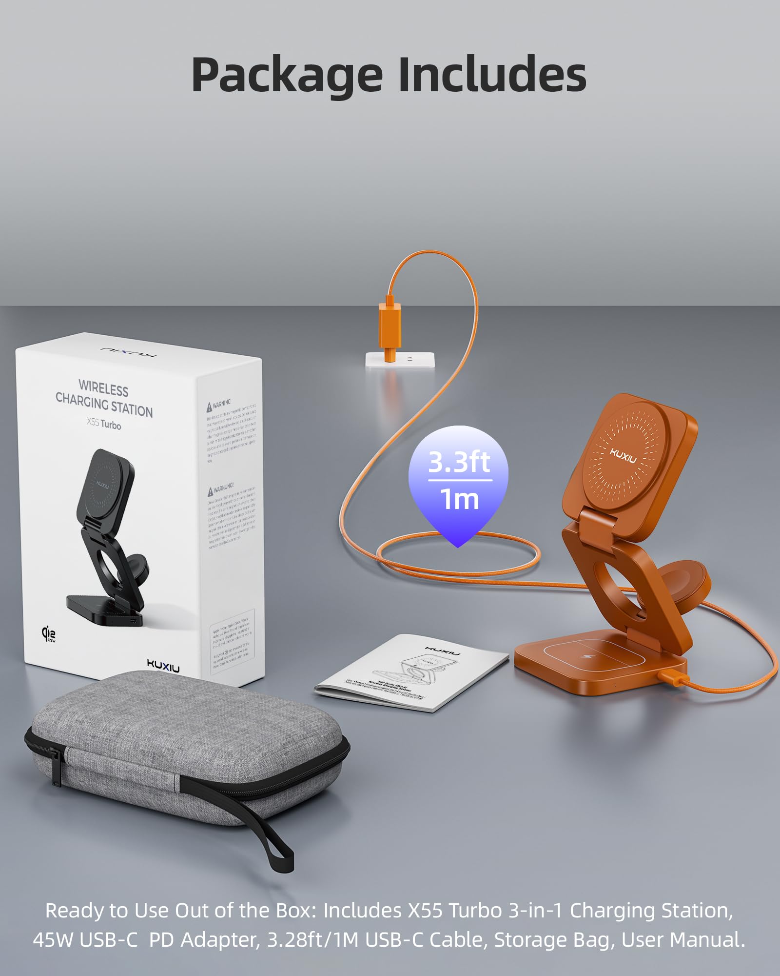KU XIU X55 Turbo Ladestation für Apple Watch und iPhone, Qi2.2 25W | Faltbar 3 in 1 Ladestation für Magsafe, für iPhone 17-12/Watch/AirPods, Reise Magnetisches Ladegerät Ständer, 45W-Netzteil