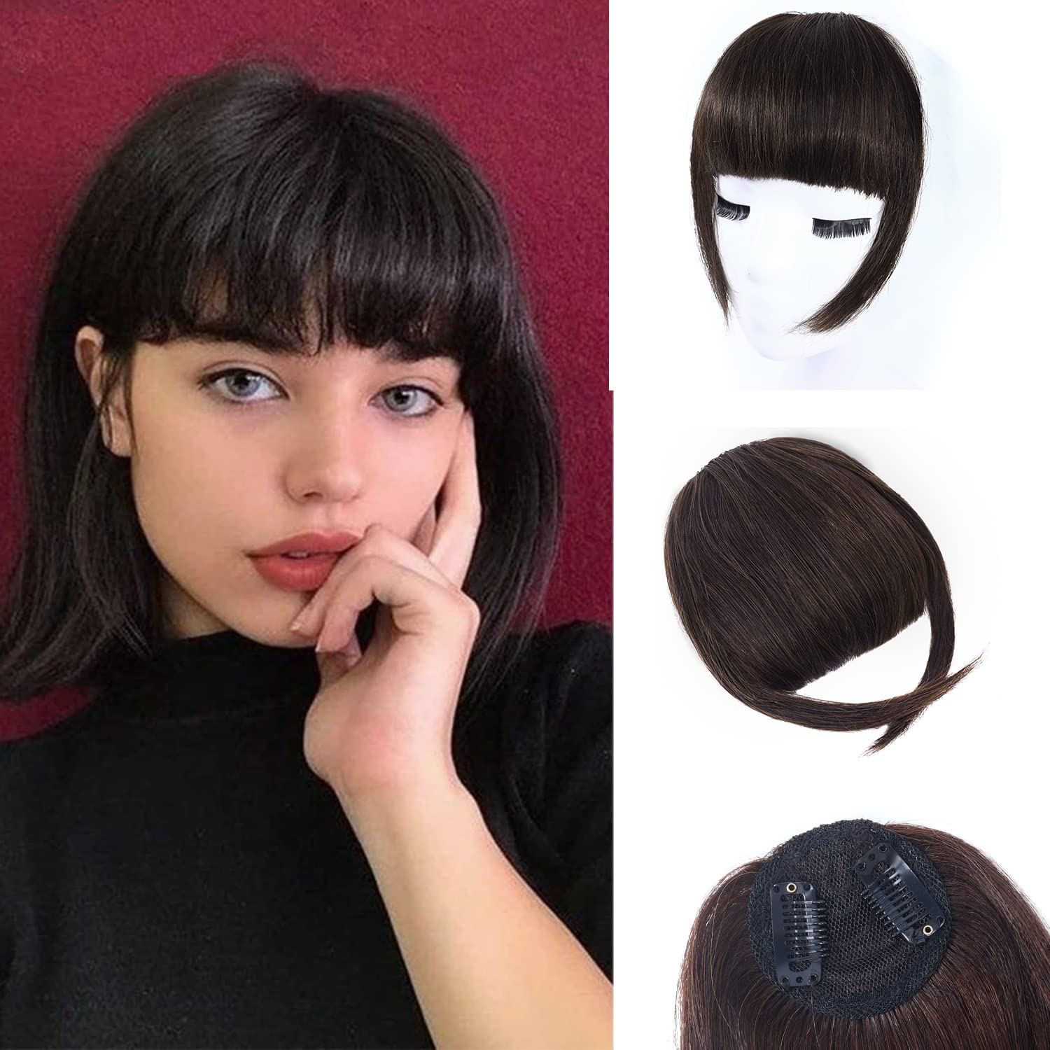 Clip in Bangs, 100% Human Hair Bangs Extensions Thick French Bangs Neat Bangs with Temples Clip on Fringe Bangs Real Hair for Women Girls Natural Looking Brown Black Washable/Dyeable
