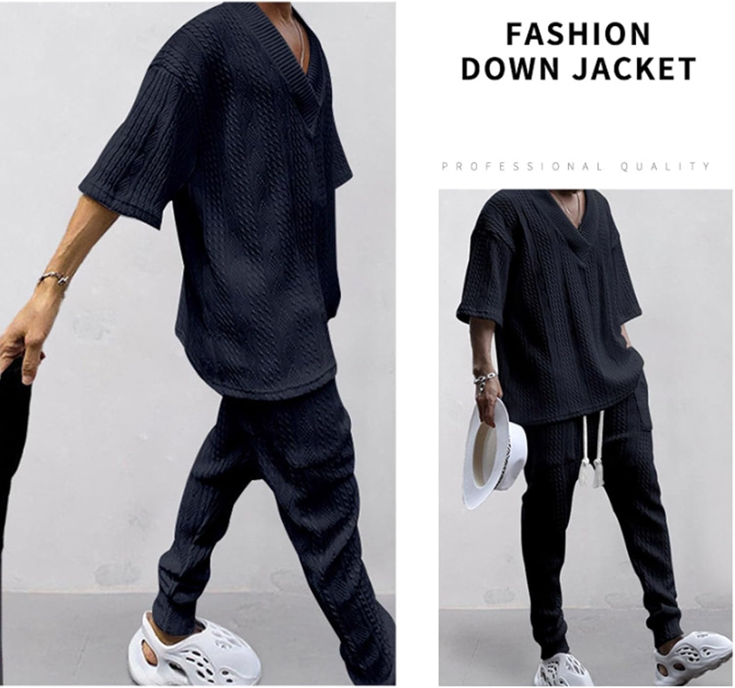 Athleisure Cable Jacquard Set Men, Men's V-Neck 3/4 Sleeve Top and Drawstring Jogging Shorts Set 2 Piece