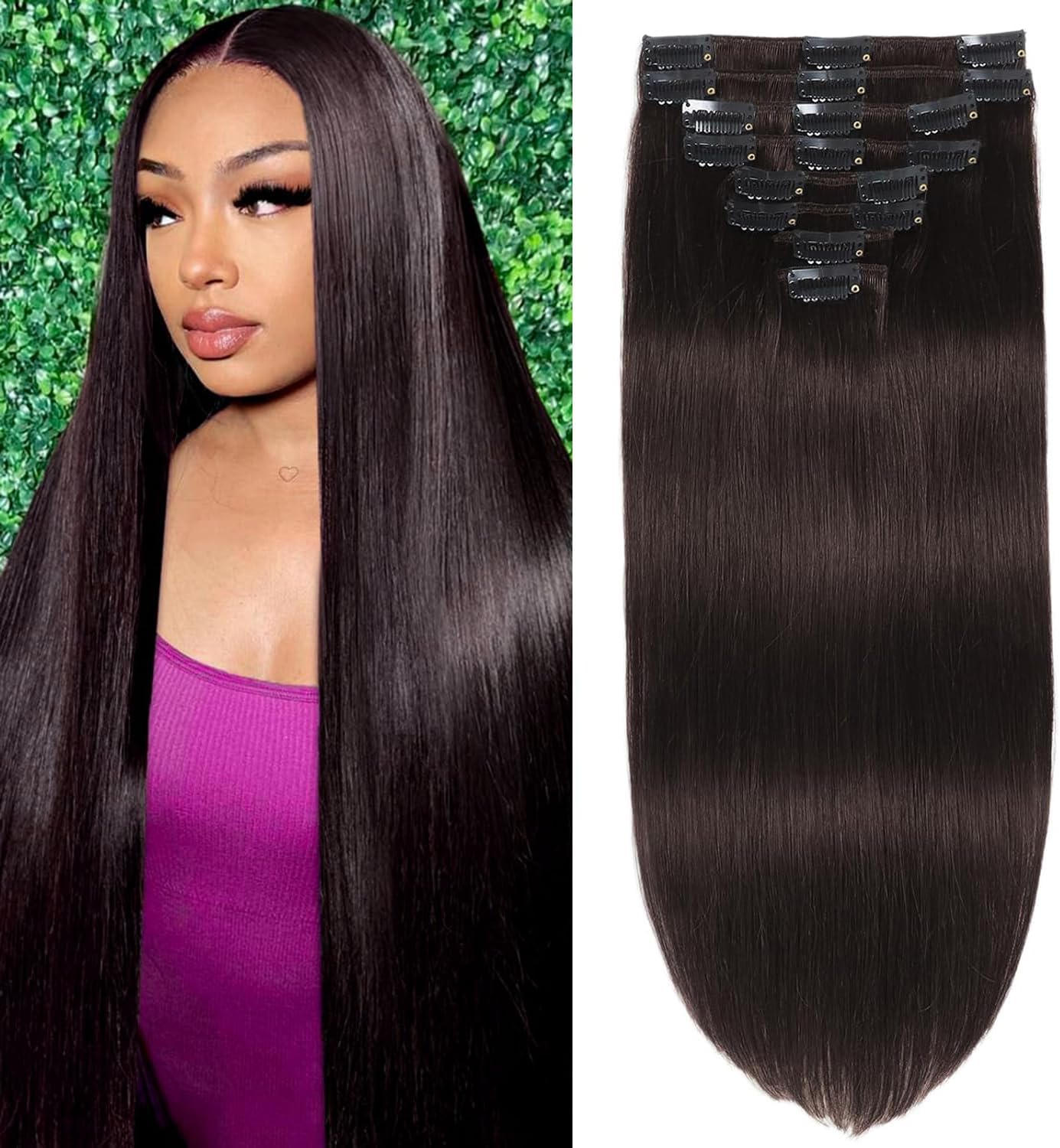 Dark Brown Clip in Hair Extensions Real Human Hair human hair clip in extensions Remy Invisible Natural Straight Seamless Clip on Hair Extensions 8pcs Double Weft 24 inch 120g