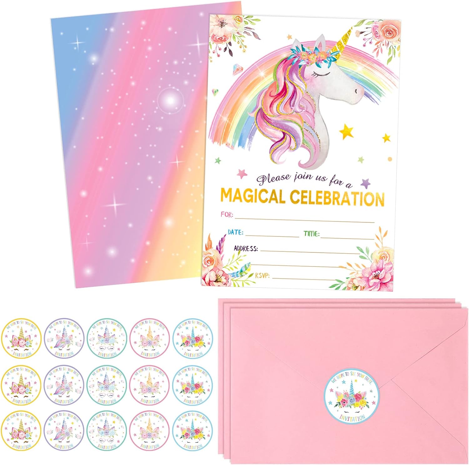Spakon 24 Pack Unicorn Birthday Invitation for Girls Boys Party Invitation Card 24 Envelope 30 Rainbow Sticker Labels for Birthday Baby Shower Party Supplies(Profile Unicorn Style)