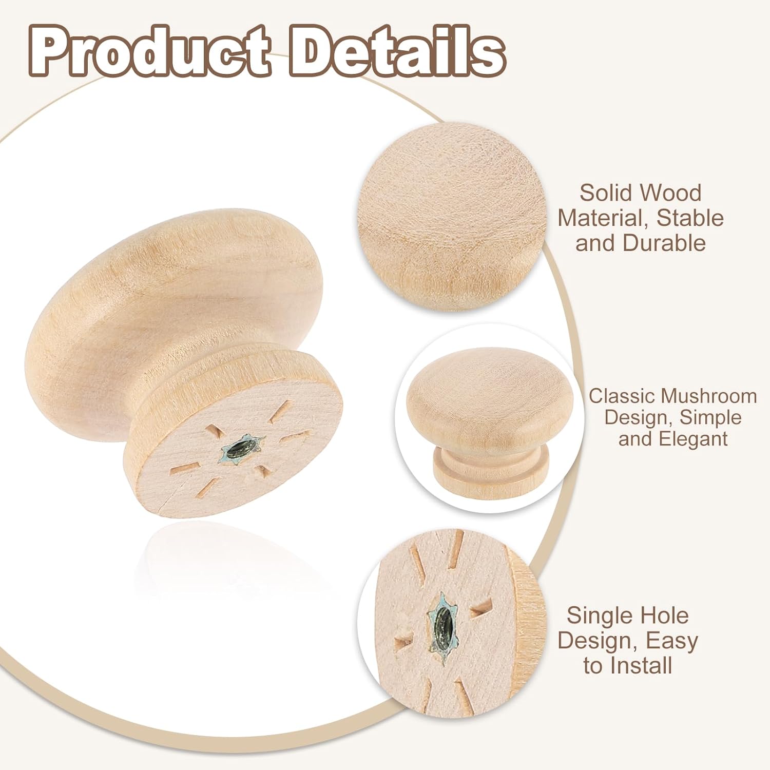 uxcell 5Pcs Round Wood Drawer Knob, 1.57" x 1.1" Round Cabinet Knobs Mushroom Shape Wooden Knobs with Screws for Furniture Drawer Dresser Wardrobe Cupboard, Wood Color