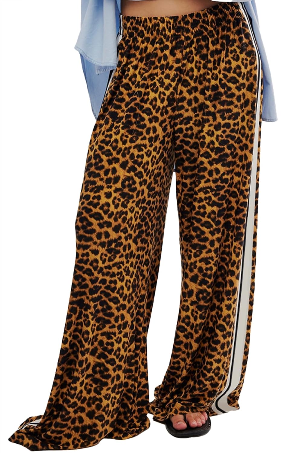 D-Sun Women Wide Leg Leopard Pants Mid Rise Leopard Velvet Trousers Casual Loose Elastic Waist Cheetah Printed Long
