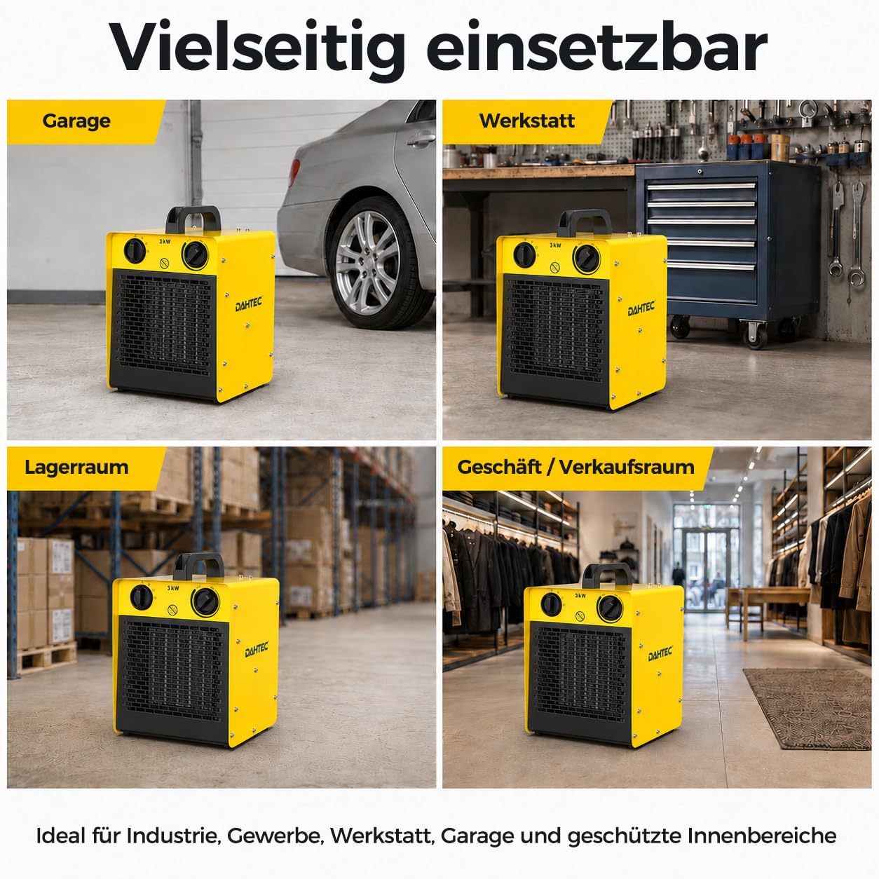 DAHTEC Heizlüfter 3000W Keramik mit Thermostat, 3 Stufen, Klein & Tragbar
