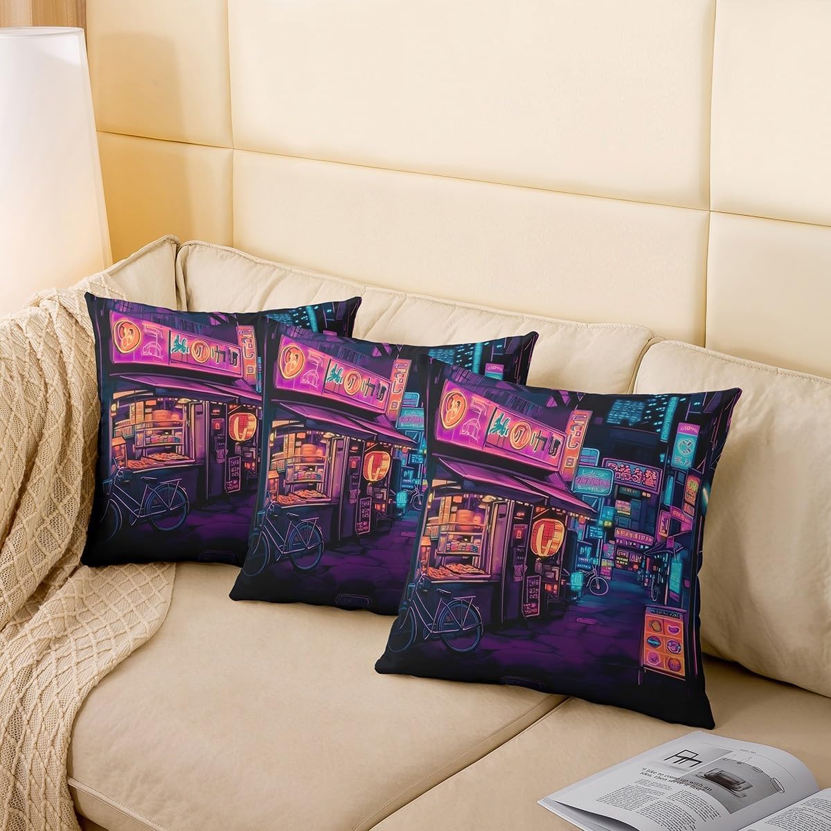 jejeloiu Japan Art Decorative Throw Pillowcase for Sofa 16"x16" 1 Pcs Tokyo Anime Throw Pillow Cover Japanese Night City Pillow Case Cushion Cover Cushion Case image 4