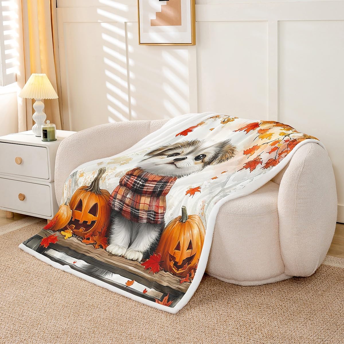 Erosebridal Cute Halloween Dog Throw Blanket Twin 60"X80" Cartoon Fall Pumpkin Puppy Dog Fleece Bed Blanket Rustic Autumn Maple Leaves Sherpa Blanket for Kids Boys Girls,Cartoon Halloween Blanket