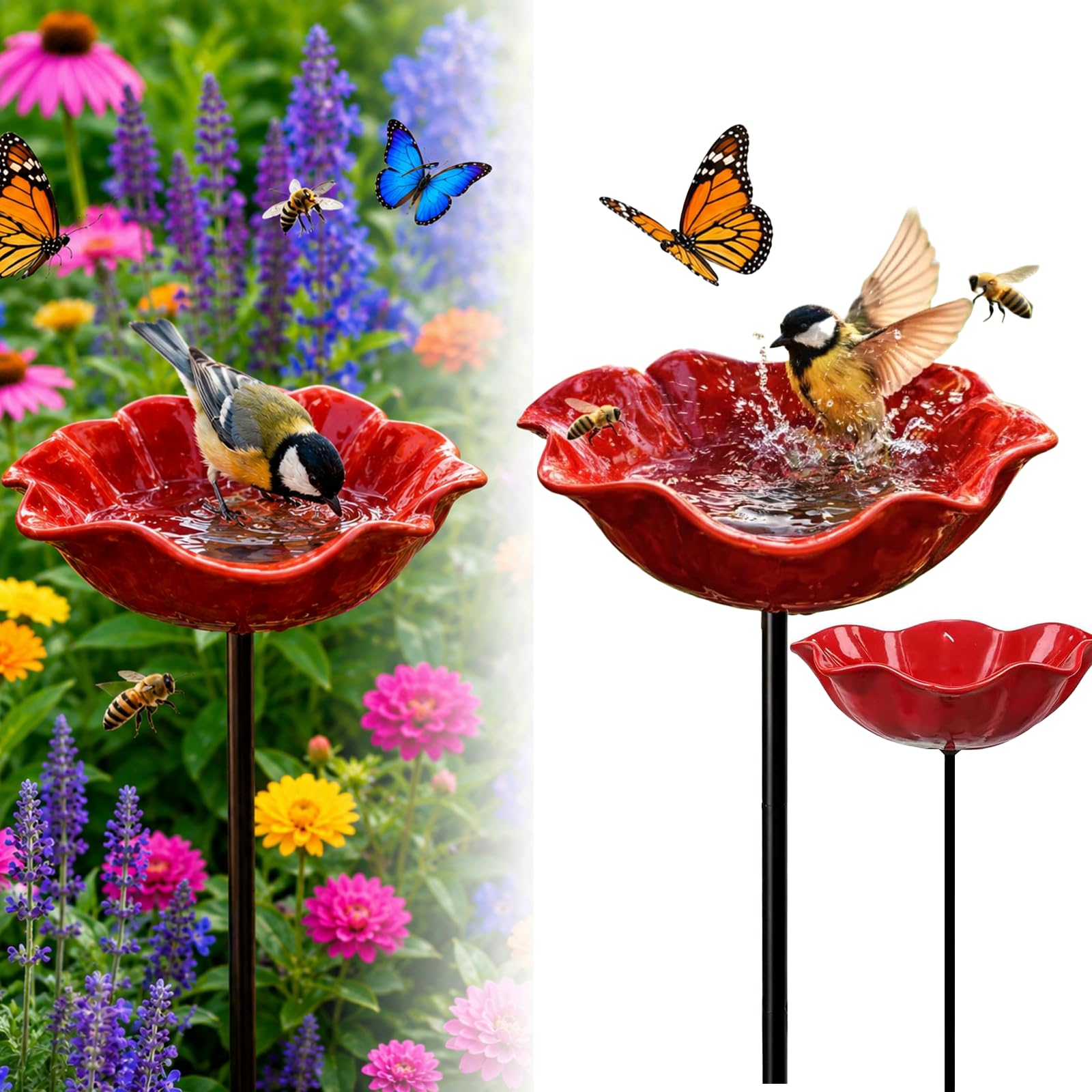 2 Stuick Vogeltränke Blume aus Metall Stehend, Bienentränke Blume für den Garten, Gartendeko für Draußen Wetterfest, Dekorative Fütterschale für Vögel und Bienen