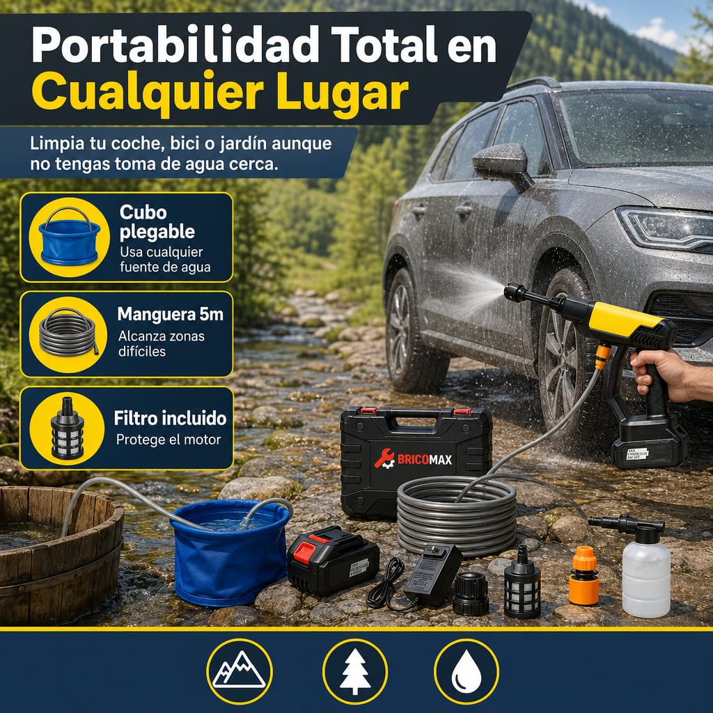 Hidrolimpiadora Batería Premium para Limpieza Alta PRESIÓN sin Cables 48V y Esponja - Pistola de Agua a Presión con Cubo Portátil - Hidrolavadora Portátil para el Coche, Jardín y Exteriores