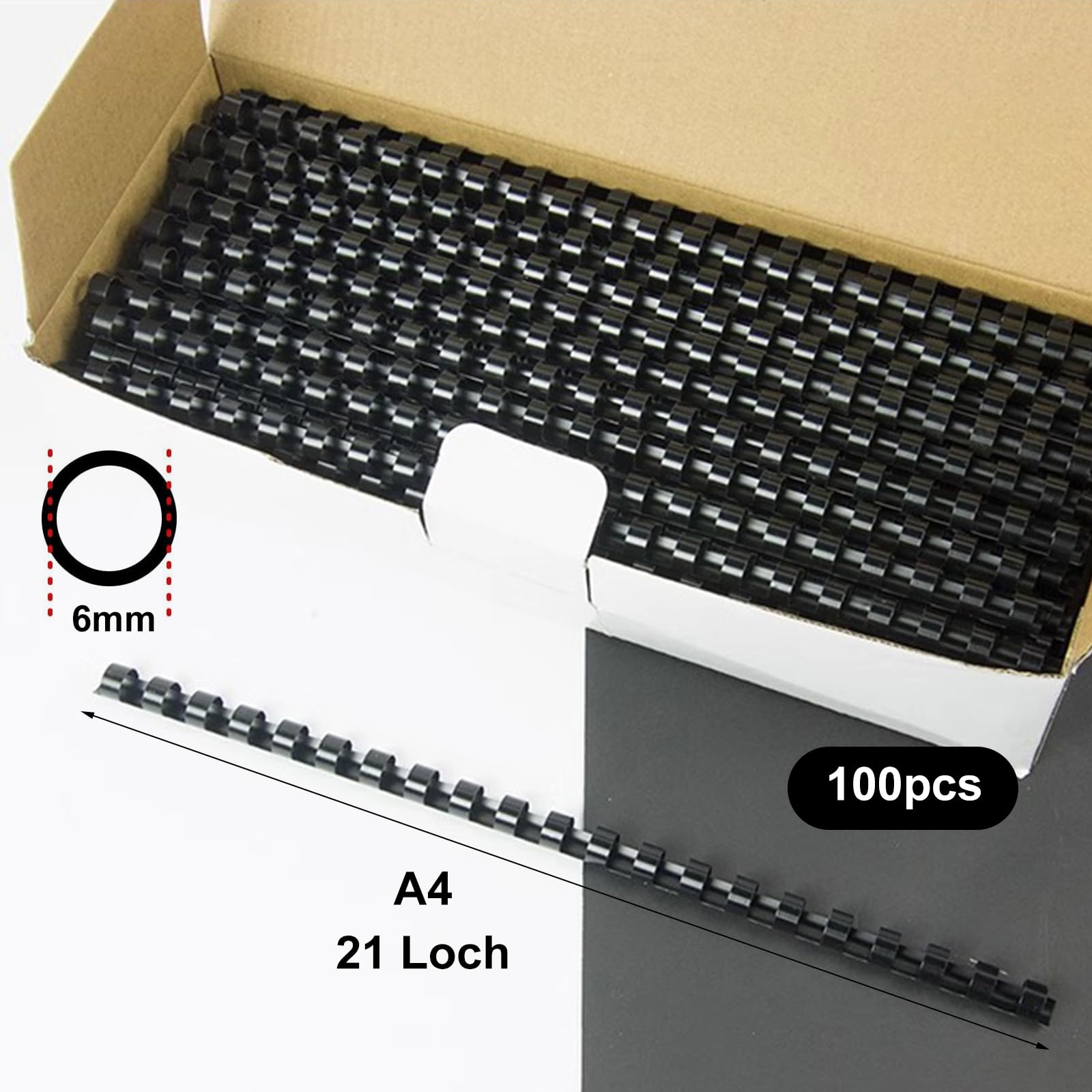 Spirali per Rilegatura,100 Pezzi Spirale per Rilegatura,Dorsini Rilegafogli A4,Dorsi Plastici per Rilegatura,Rilegatrice Spirale,21 Anelli,6 mm,Nero