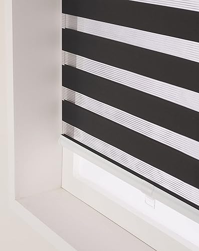 Miniatura 3 de FOIRESOFT Persianas y persianas enrollables de cebra sin cordones básicas, inalámbricas, negras, 26 pulgadas de ancho x 32 pulgadas de alto de doble