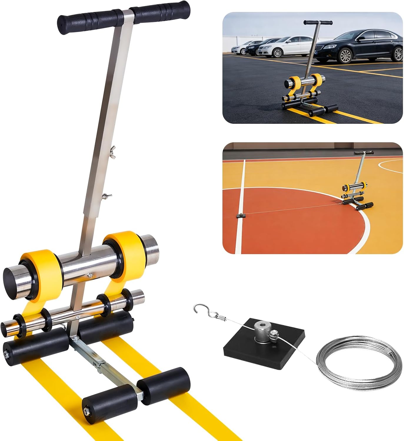 Court Line Tape Machine, Hand Push Type Parking Lot Line Striping Machine, Basketball Court Marking Kit with Drawing Circle, Width Adjustable for Asphalt Or Concrete, Driveway, Road Warning