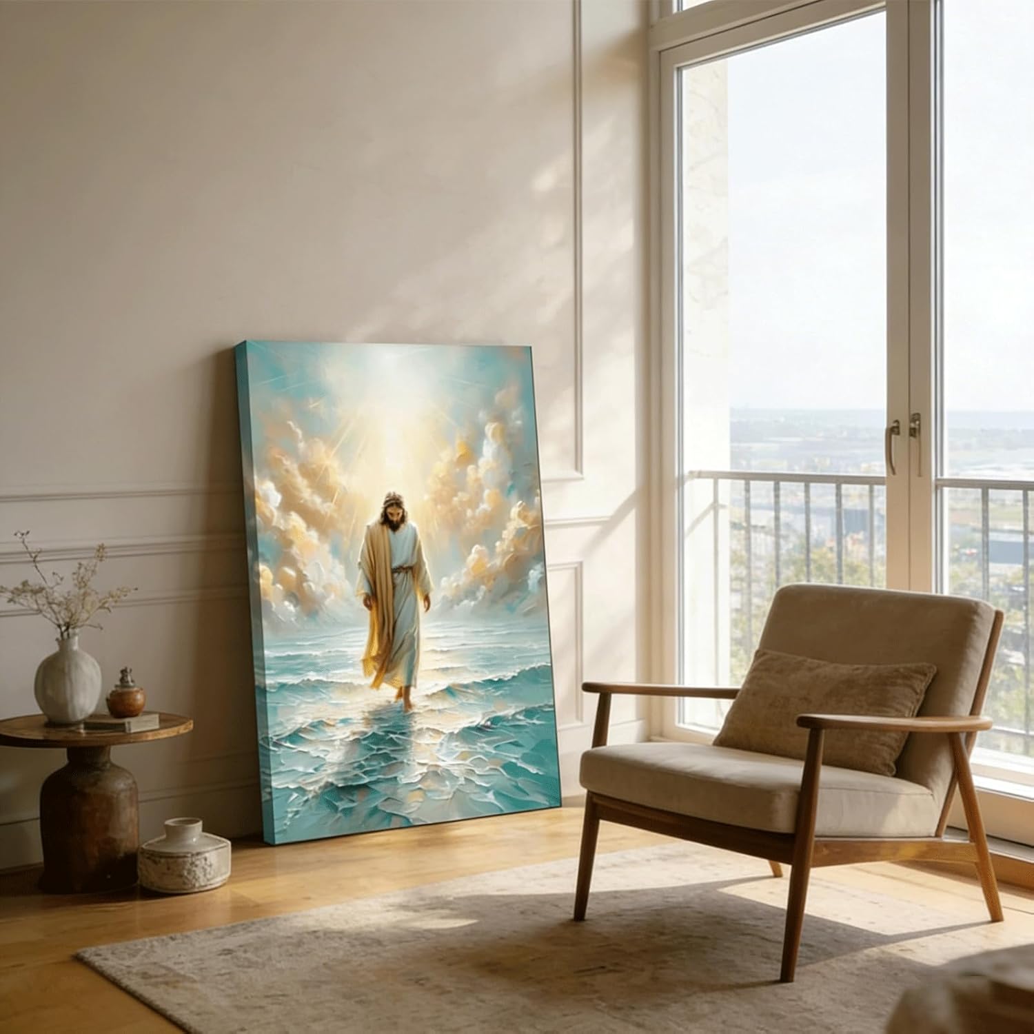 Jesus Walks On Water Canvas Wall Art Christian Bible Stories Wall Decor Picture Divine Light Modern Religious Poster Prints for Living Room Bedroom Church Home Decoration 16x24in Ready To Hang