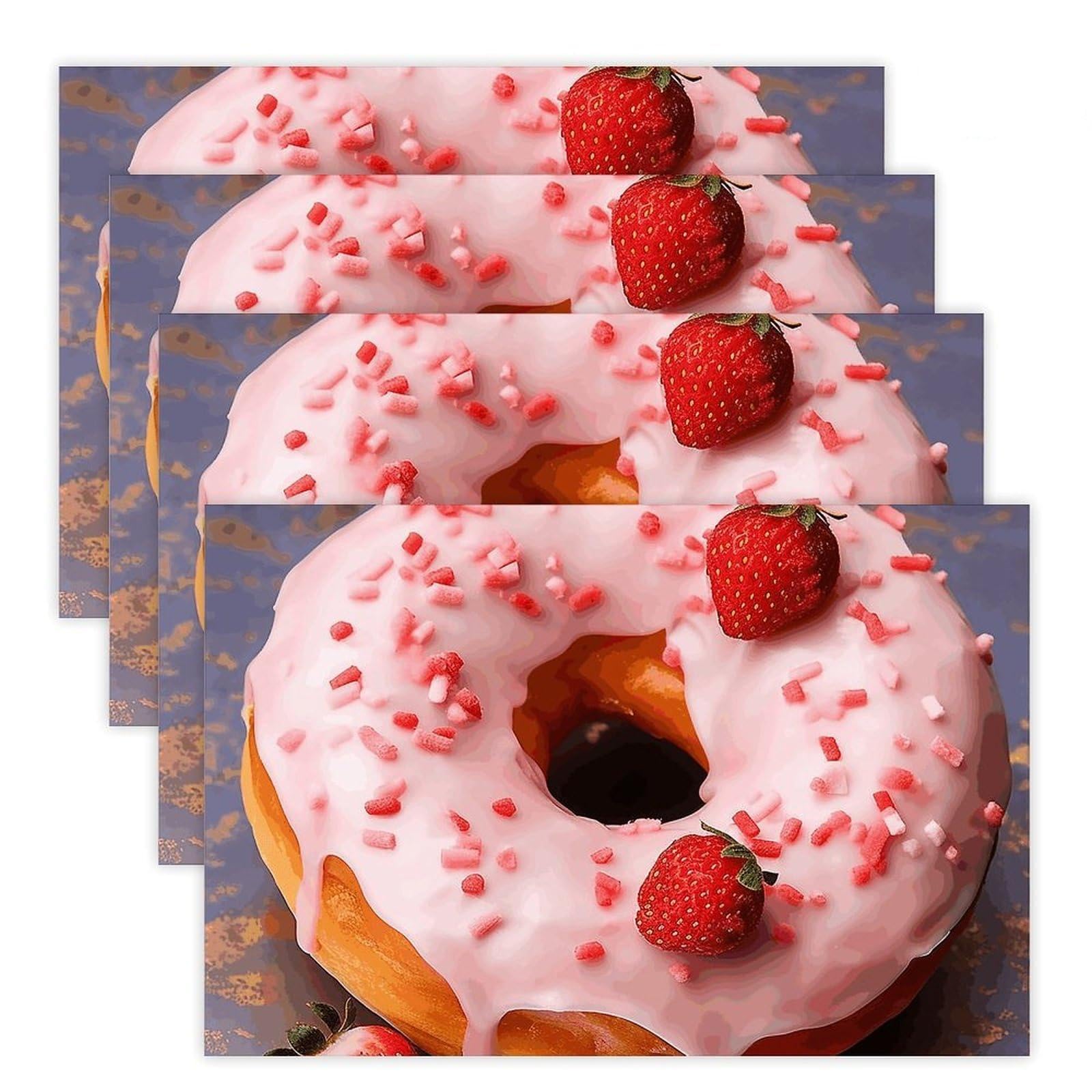 Strawberry Donut Place Mat for Restaurant, Portable Table Mat for Kitchen, Anti-Slip Placemats for Home, Fashionable Place Mats for Wedding, Party, Hotels, Apartments 30x45cm*4