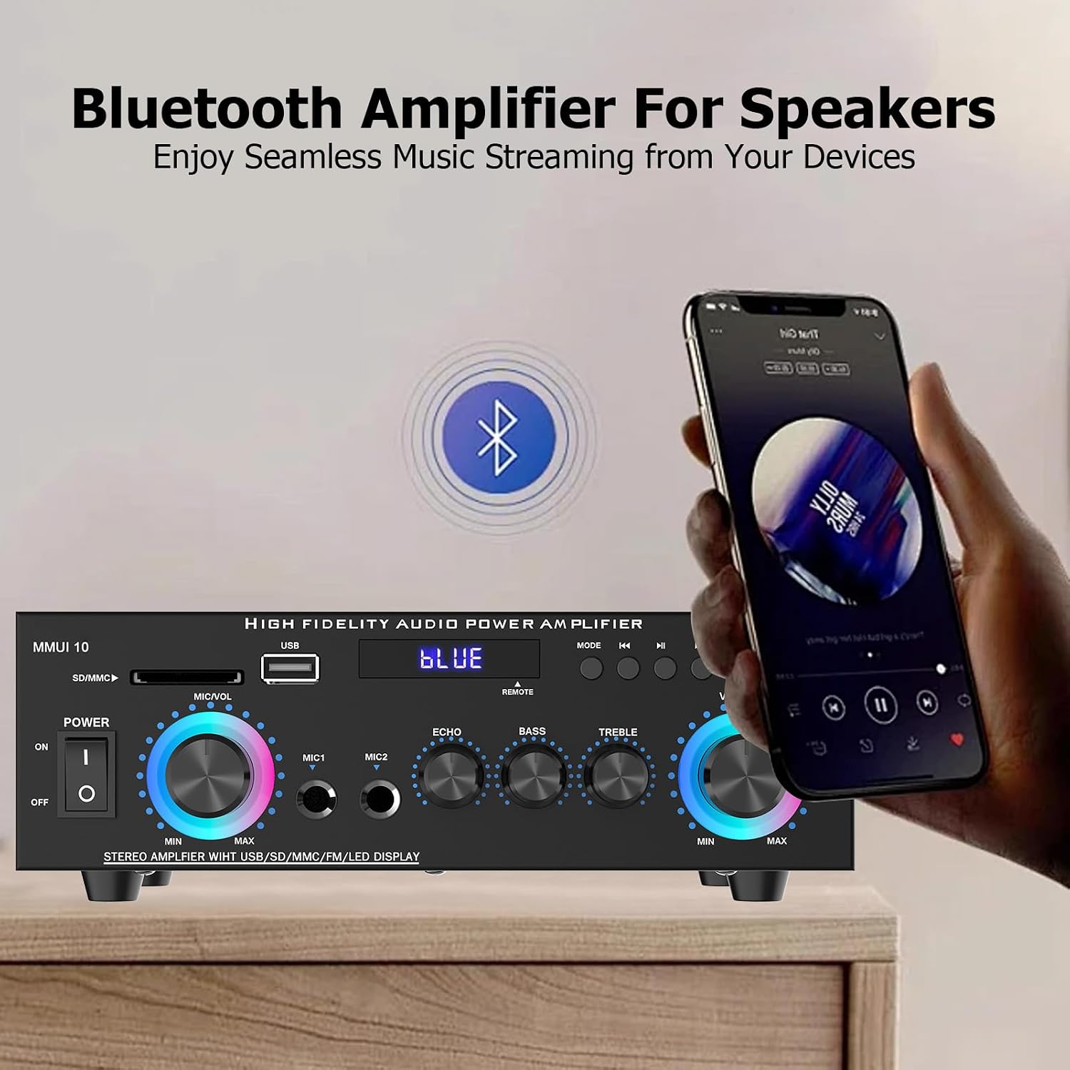 Home Audio Amplifier, 300W Home 2.0 Channel Stereo Receiver with Bluetooth 5.0, Active Subwoofer Output, FM Radio, USB/SD/AUX, MIC in with Echo,