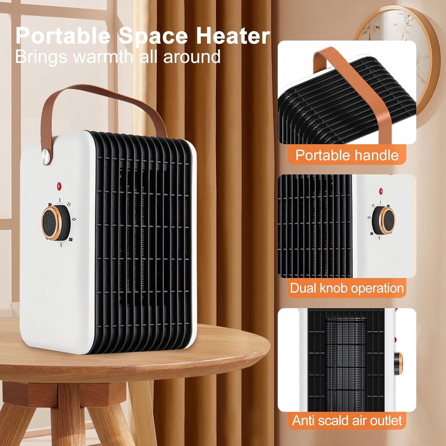 Portable Space Heater for Indoor Use 1500W PTC Electric Heater Fast Heating Ceramic Room Small Heater with Thermostat Heating and Fan Modes for Desk Office Bedroom Home (White)