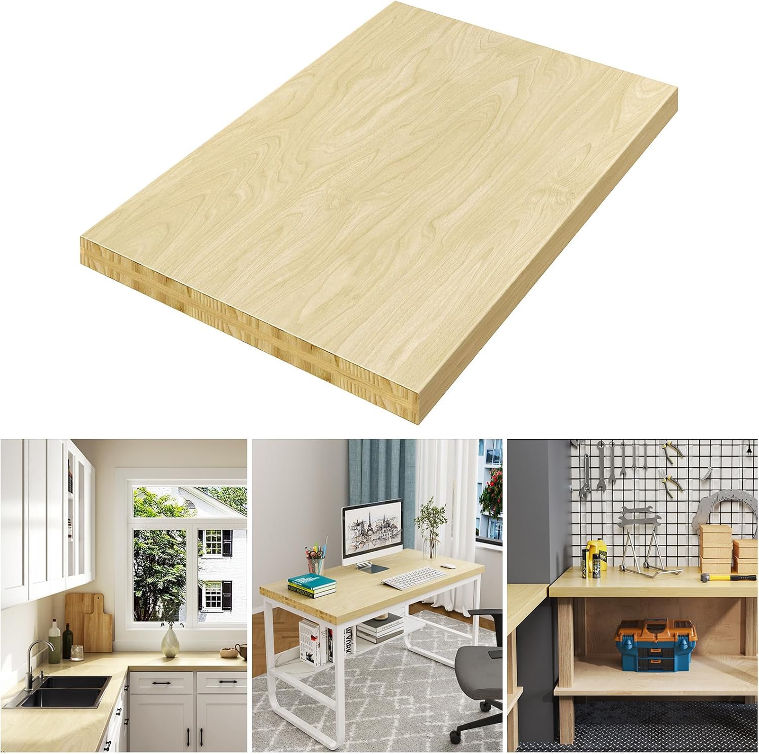 LOVMOR Butcher Block CounterTop, Birch Solid Wood Countertop for DIY, Kitchen Countertop, Washer Dryer Counter Top, 36"L x 25"W x 1.5" Thick 36"L x 25.56" W x 1.5"T