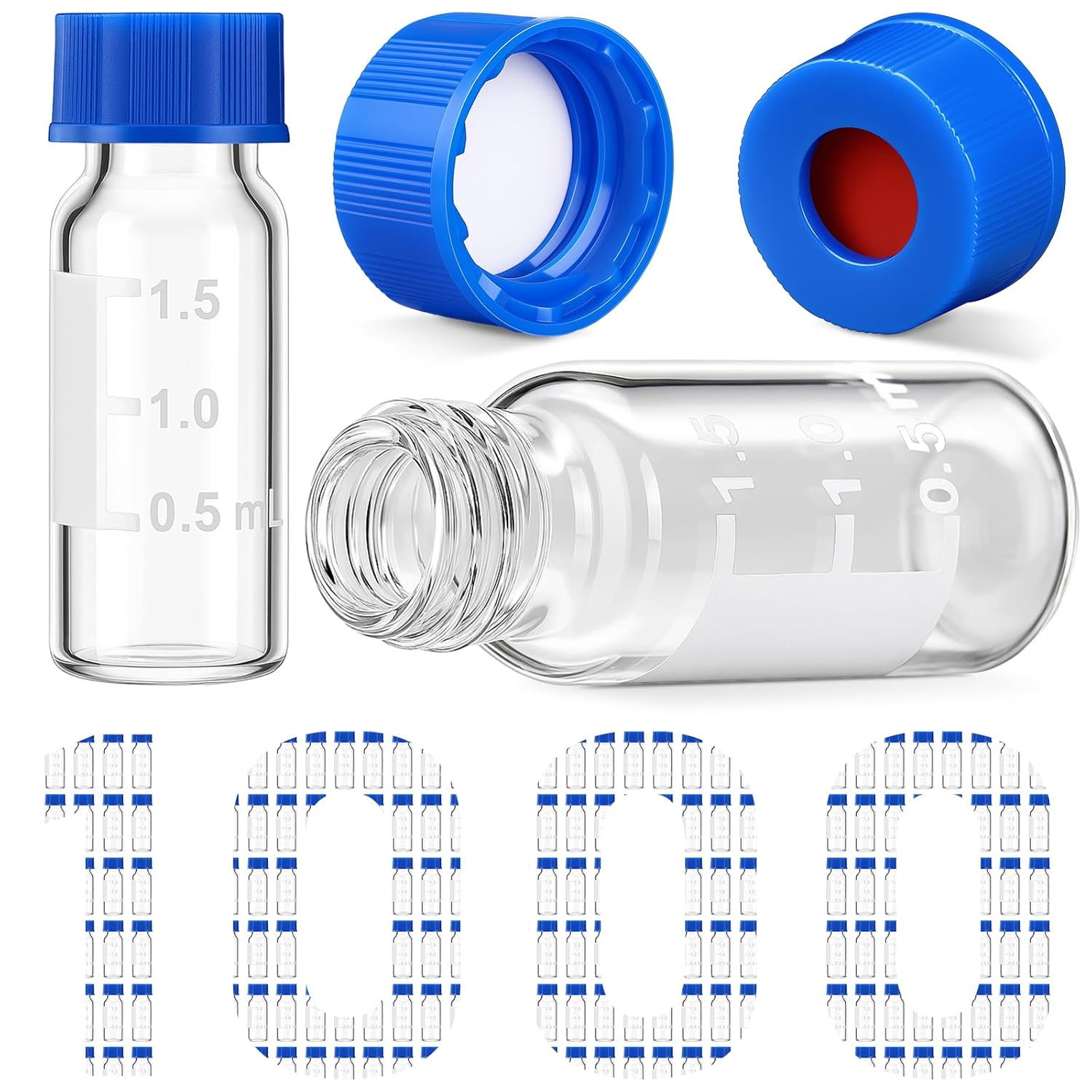 Qinyoung 1000 Pcs 2ml Autosampler Vials with Caps Bulk, 9-425 Gc/hplc Sealed Sterile Clear Empty Vials with Write on Spot and Graduations Injection Glass Bottle Blue ABS Screw Caps