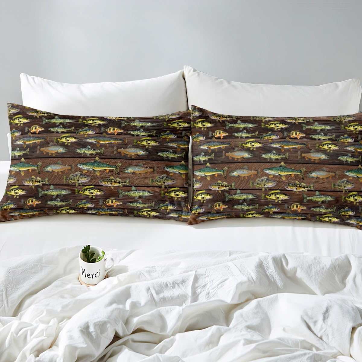 Homewish Juego de sábanas de caza y pesca, tamaño doble, para niños, niñas, hombres, tablones de madera marrón, ropa de cama rústica, juego de sábanas vintage de granja de 4 piezas