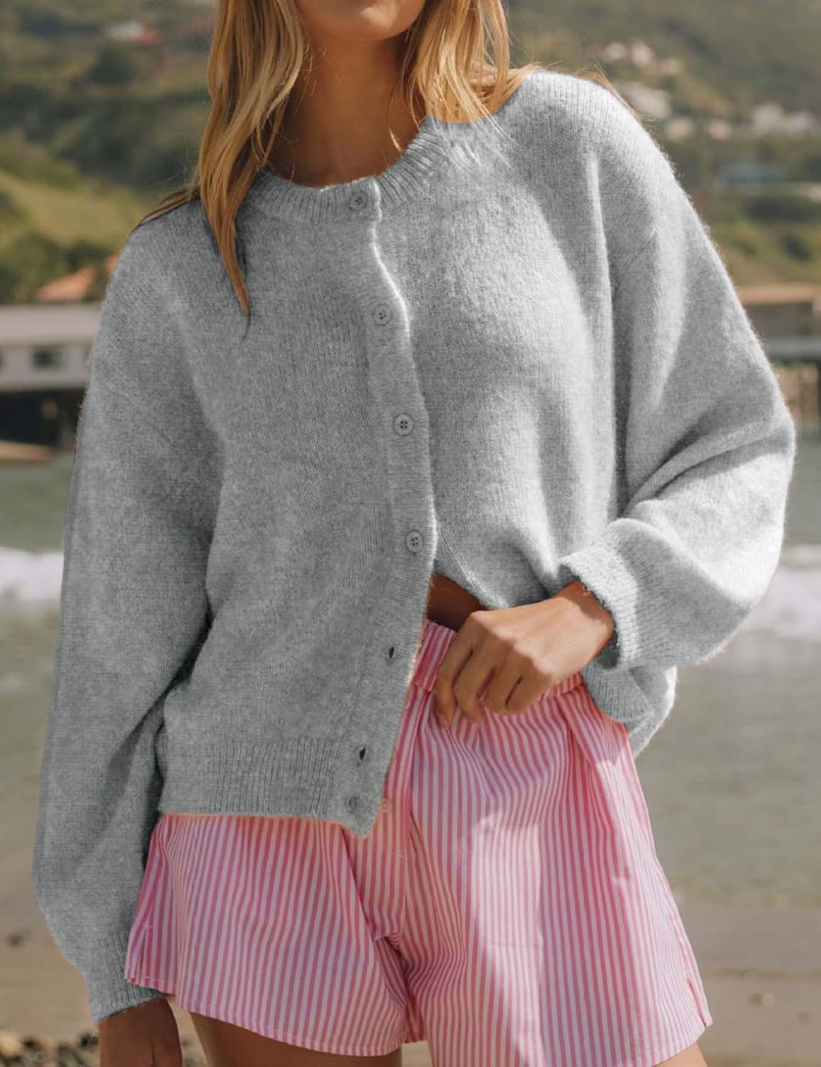 Wyeysyt Women Cardigan Sweater Button Down Long Sleeve Crewneck Soft Knit Sweater Fall Open Front Loose Casual Cardigan - Image 3