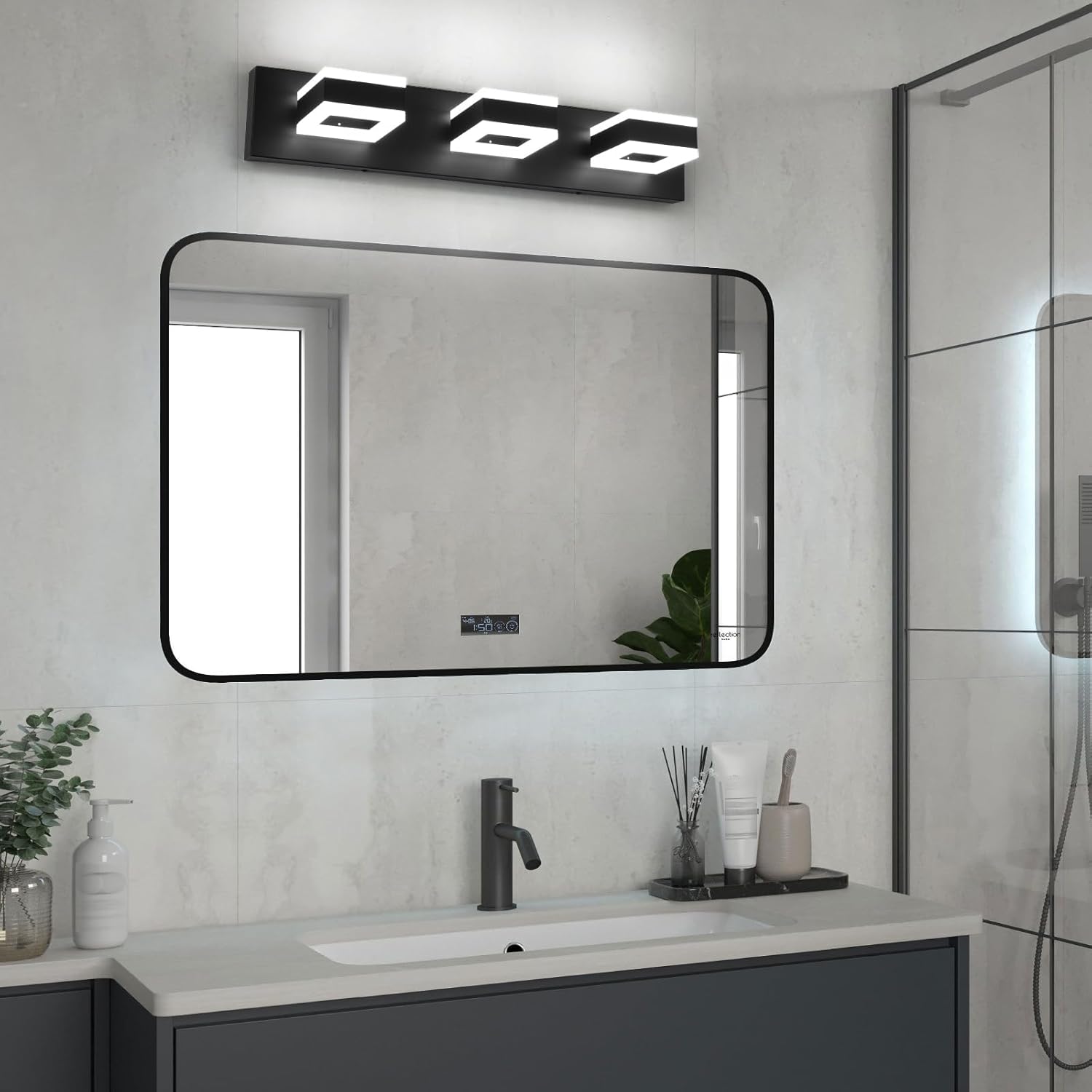 LED Modern Bathroom Vanity Light, 24 in Modern Bathroom Light Fixtures Over Mirror, Matte Black Wall Light, 6000K Cool White Vanity Lights with 360° Adjustable Heads Acrylic Shades