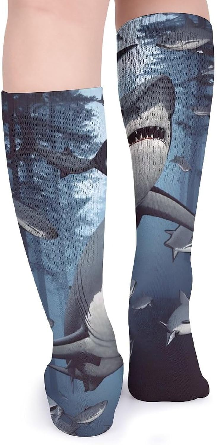 Breathable Crew Sock, Moisture Wicking, Athletic Calf Socks, Cozy | Funny Sharks Design Compression Socks for Women Men, Lightweight High Work Socks for Business, Casual