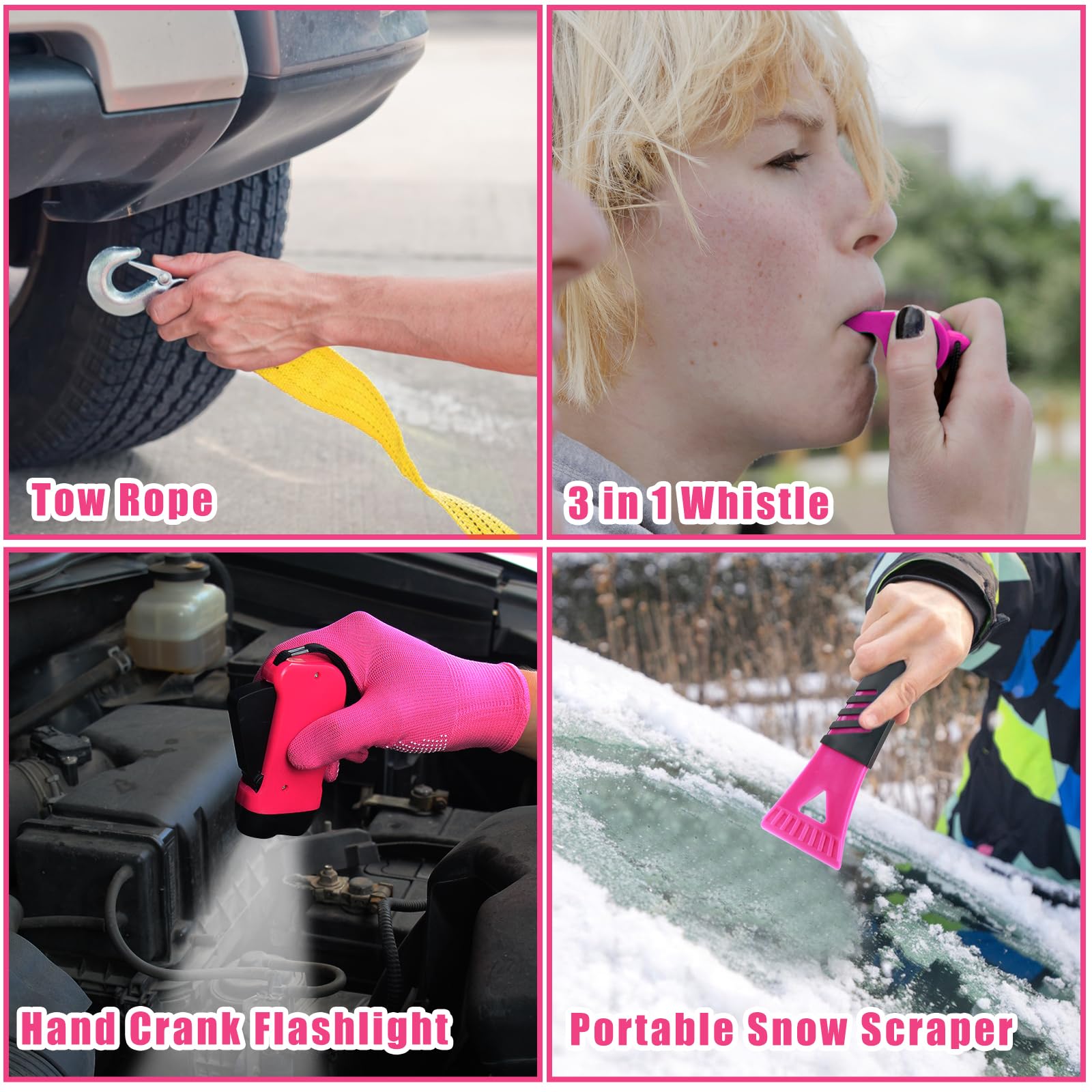 Car Emergency Kit Pink Roadside Emergency Car Kit with Jumper Cables Tow Rope Safety Hammer Pink Car Accessories — view 5