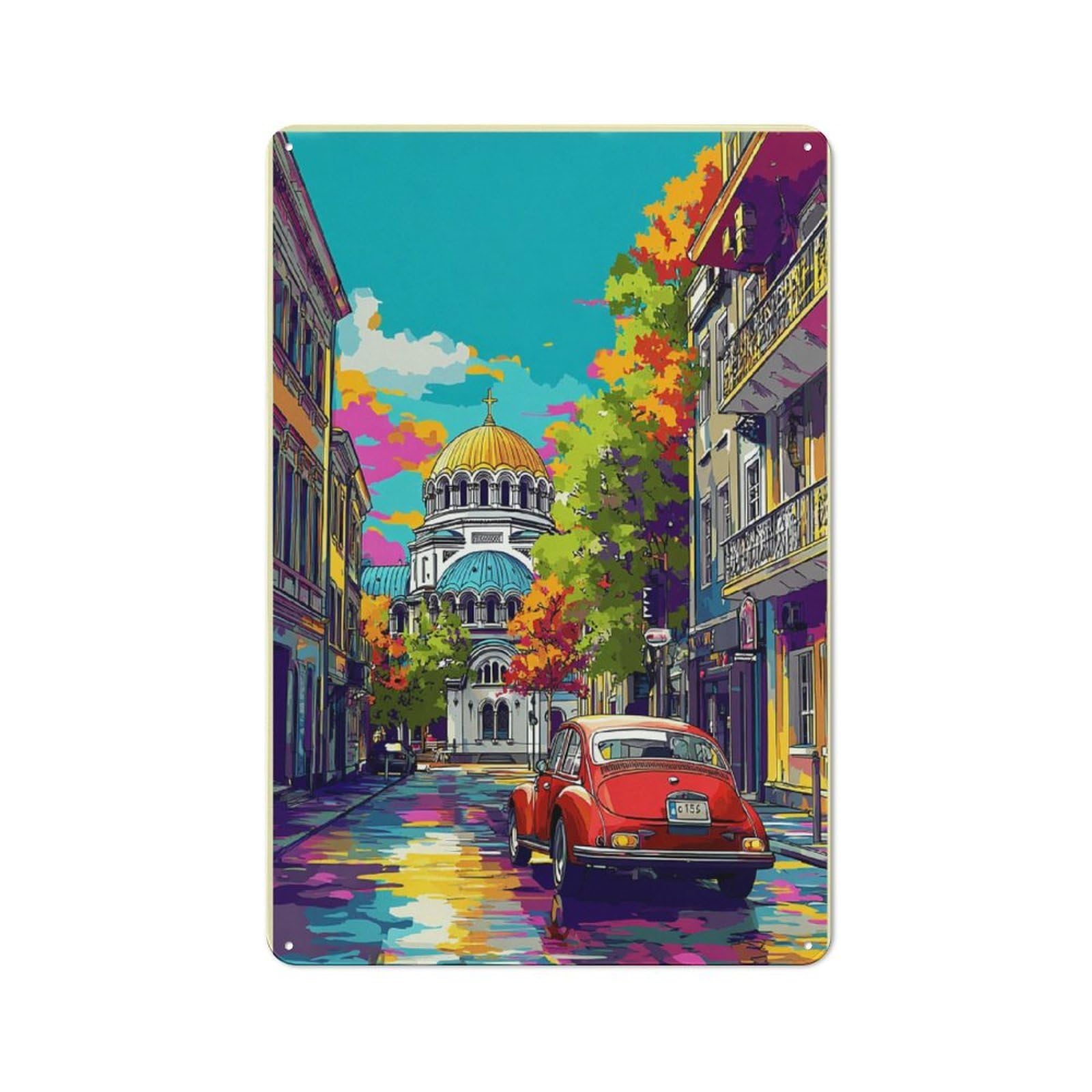 Junmoney Colorful Cityscape With Vintage Car Smart Metal Wall Decor 30X20cm, Office Metal Sign For Office, Study, Studio Or Hallway