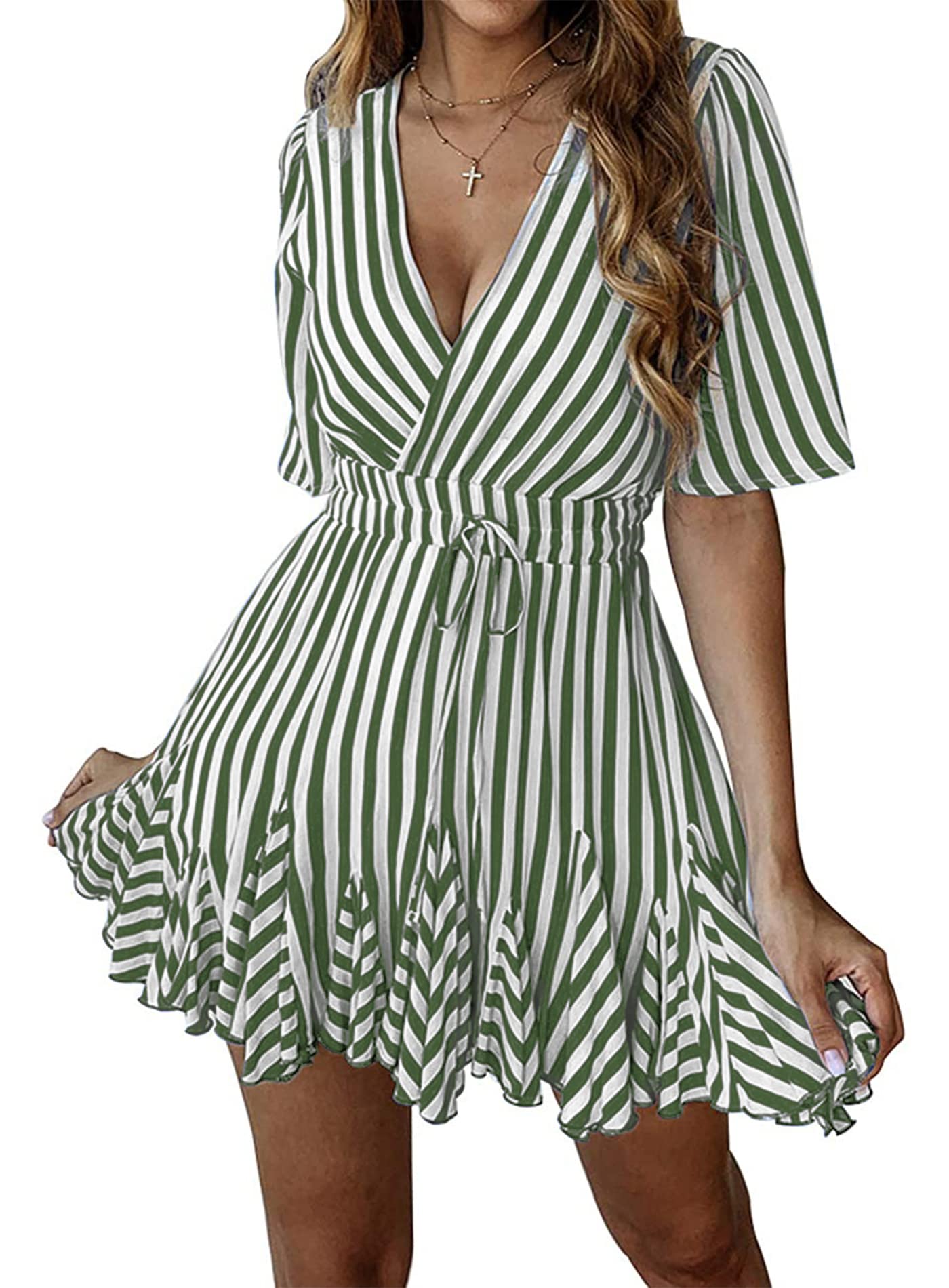 PRETTYGARDEN Women's Summer Deep V Neck Short Sleeve Striped Wrap Ruffle Hem Pleated Mini Dress