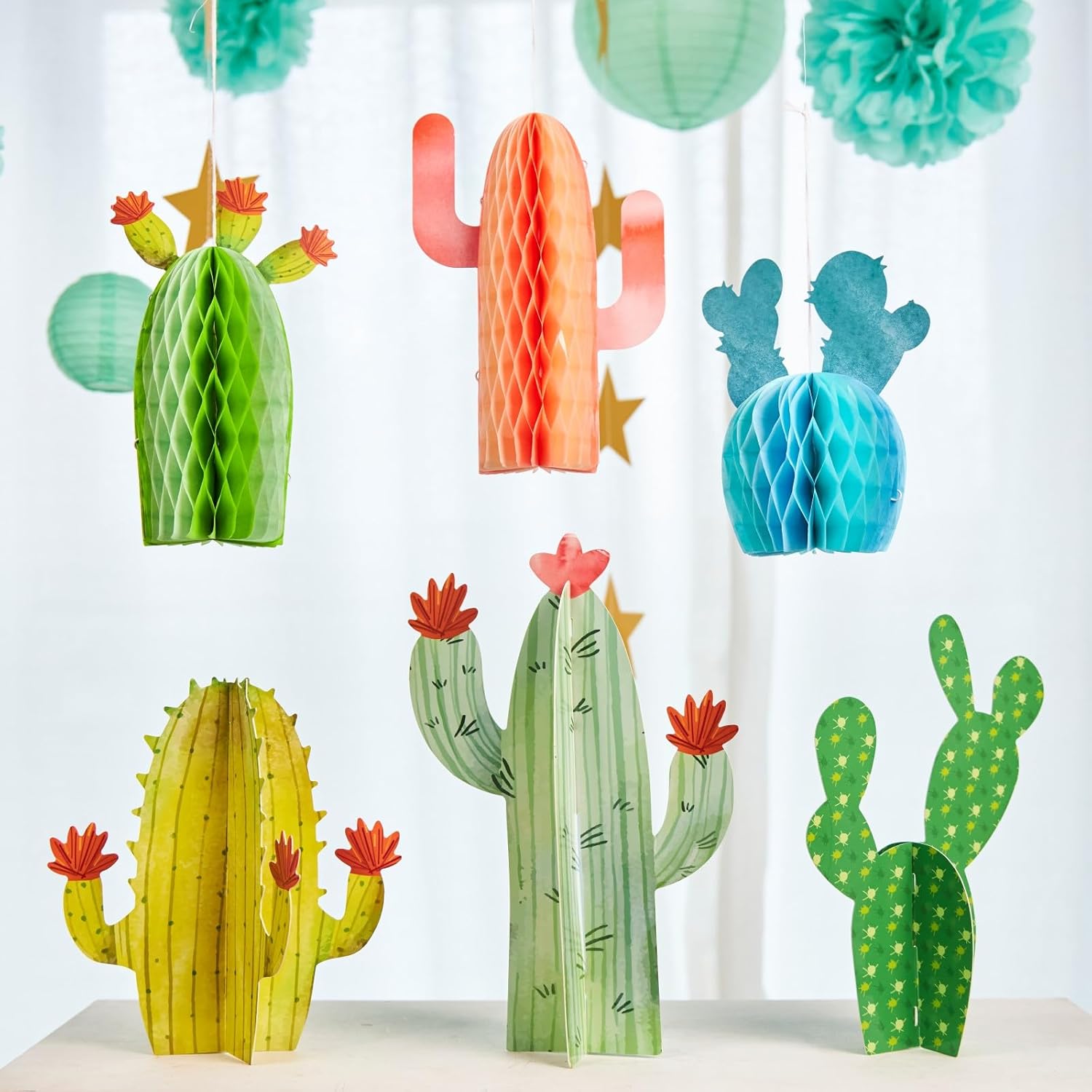 6PCS Cactus Table Centerpiece Decorations, Cactus Honeycomb Party Decorations, Summer Mexican Themed Party Decorations, Baby Shower Centerpiece Decorations&Birthday Party Decor (6-Pack)
