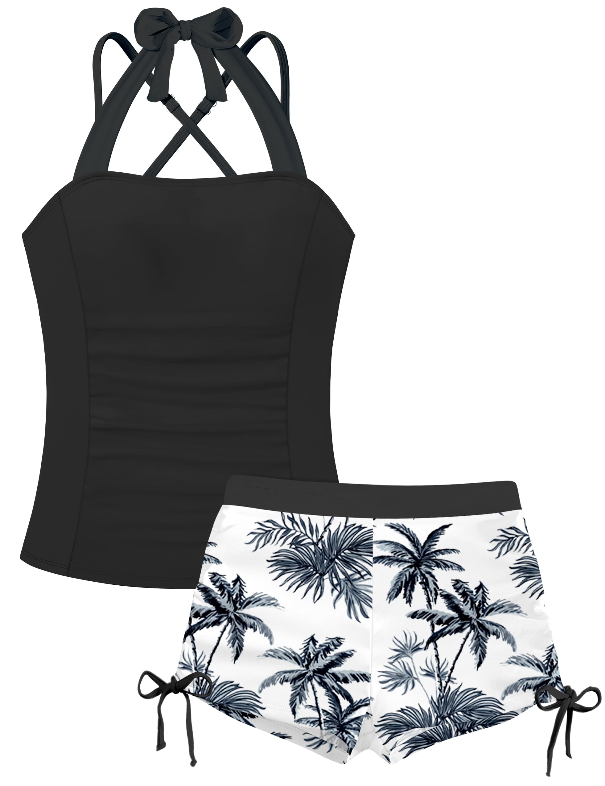 Girls Swimsuit Two Piece Bathing Suit Ruffle Trim Swimsuits for Girls Tankini with Drawstring Shorts Swimwear 9-18Y