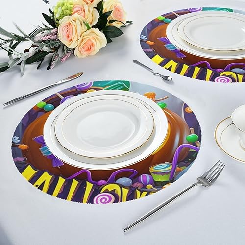 Miniatura 6 de Mantel individual de calabaza naranja malvada para Halloween, mesa redonda, de arpillera, reutilizable, para mesa de comedor, 15.4 x 15.4 pulgadas,