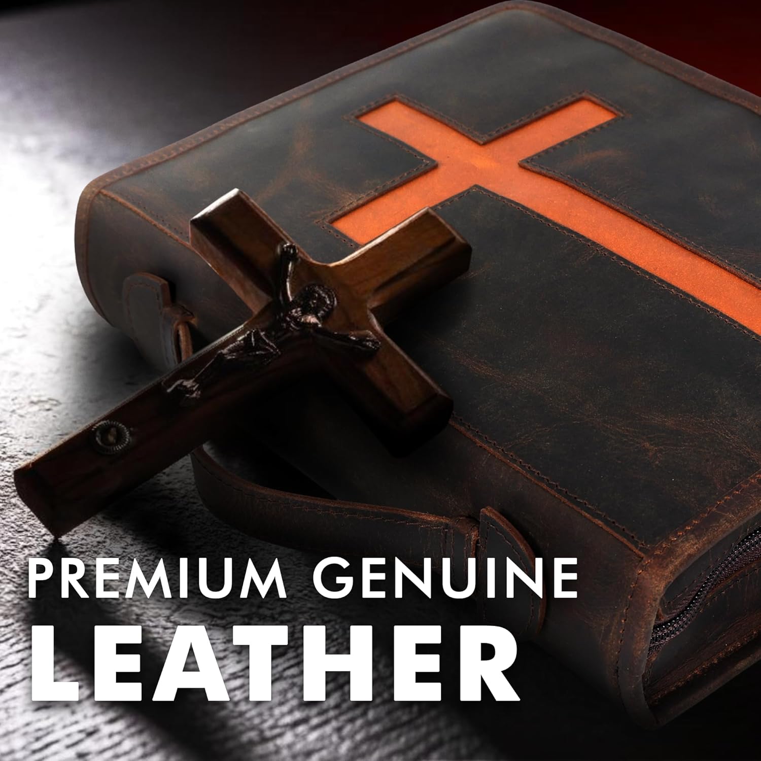 ELIZO Leather Bible Cover Bible Case for Men Women Genuine Leather Bible Bag Holder Cross Large Carrying with Zipper Case Protector Christian Religious Gifts for Mens Pioneer Study
