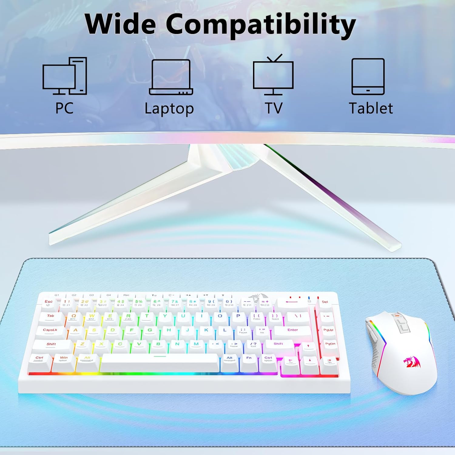 Redragon Wireless Gaming Keyboard and Mouse Combo, Bluetooth/2.4G/USB-C Wired, RGB Backlit, 60% Portable Quiet Rechargeable Macro Membrane Keyboard & 12800 DPI Mouse for Win/MAC, White