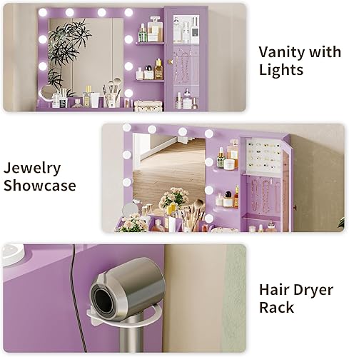 Miniatura 4 de Escritorio de tocador con espejo y luces, tocador de maquillaje morado con 5 cajones, organizador de joyas oculto y gabinete de cristal LED, 3 modos