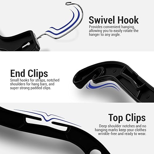 Miniatura 4 de Perchas de plástico negro de 16.9in de ancho, superresistentes, con gancho giratorio y hombros con muescas (negro, 25)