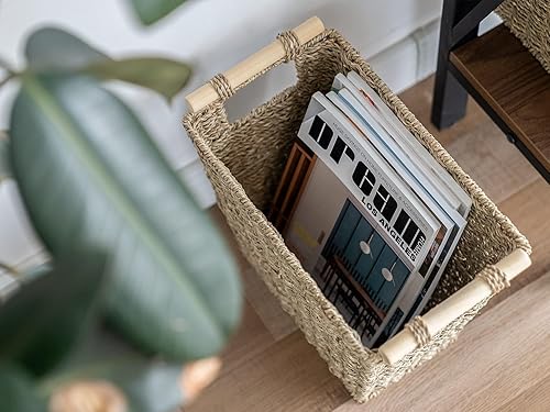 Miniatura 7 de StorageWorks Cesta de basura de hierba marina para sala de estar, cubo de basura de mimbre con asas de madera para dormitorio, cubo de basura