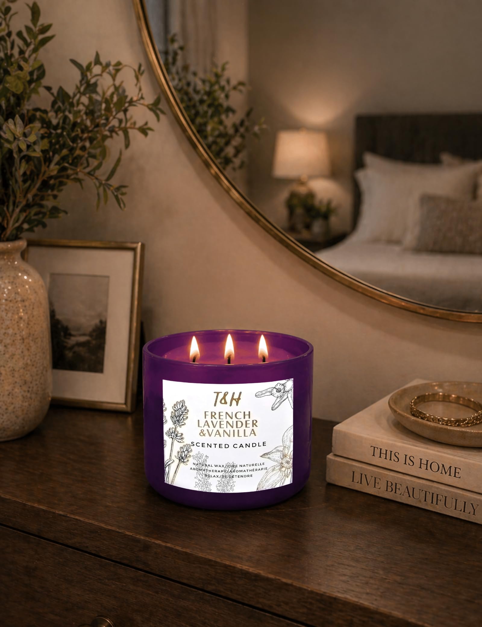 Französische Lavendel-Vanille-Duftkerzen, Aromatherapie-Geschenke für Frauen, 450 ml, Soja-Kerze, lang anhaltende Duftkerzen für Zuhause, Stressabbau-Kerzen, 3 Docht, Büro-Geschenke für Frauen