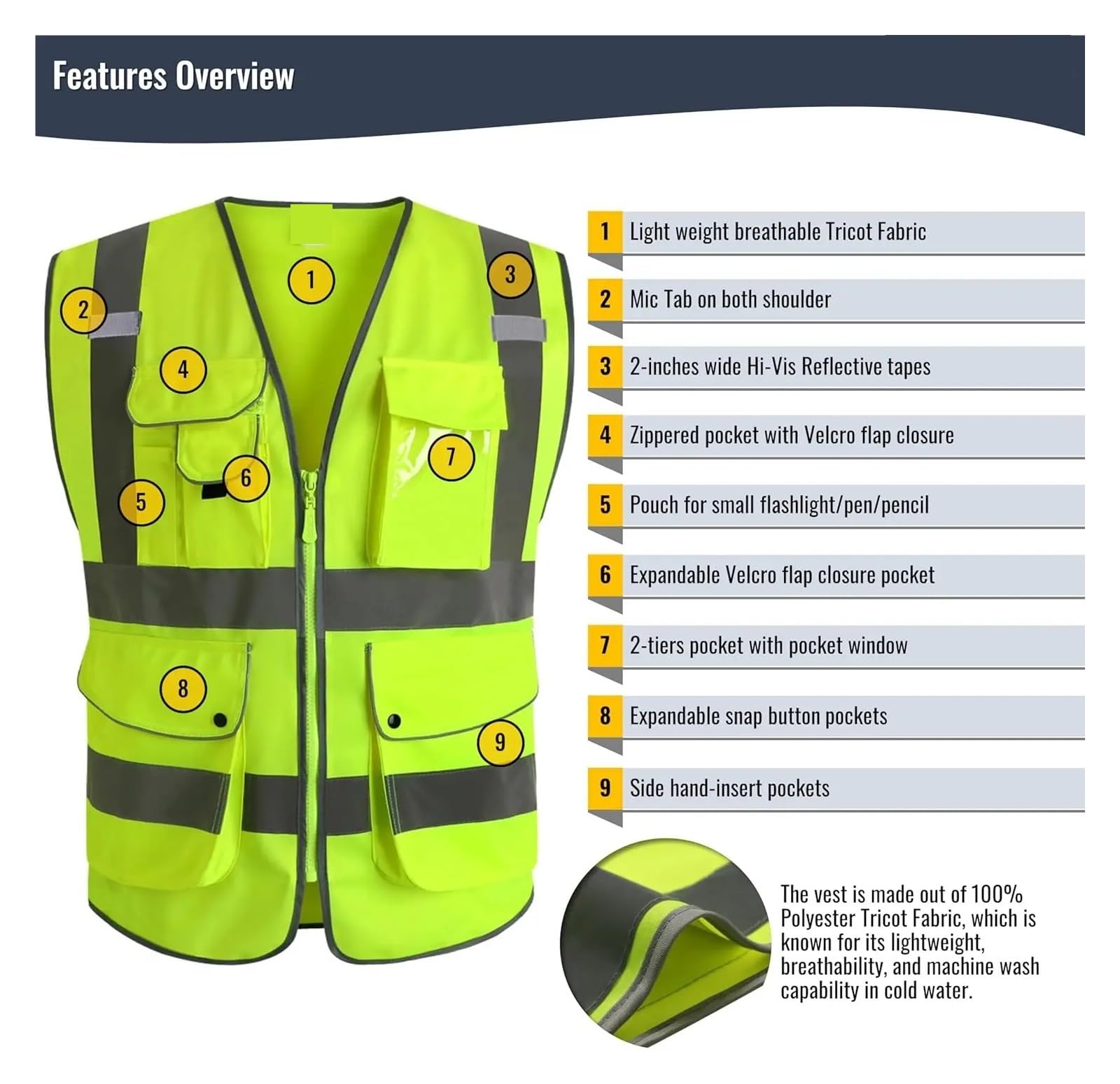 Chaleco de seguridad de alta visibilidad ANSI/ISEA Clase 2 con tiras reflectantes, cremallera frontal, tamaño grande en amarillo