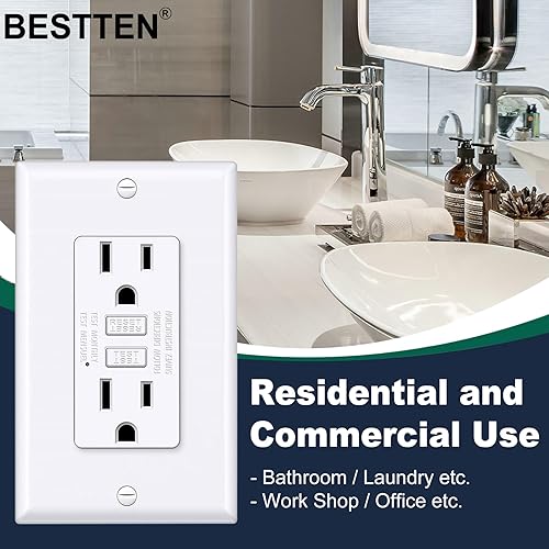 Miniatura 8 de BESTTEN - Salida de receptáculo GFCI de 15 amperios, salida GFI con indicador LED, interruptor de circuito de falla a tierra, no resistente a