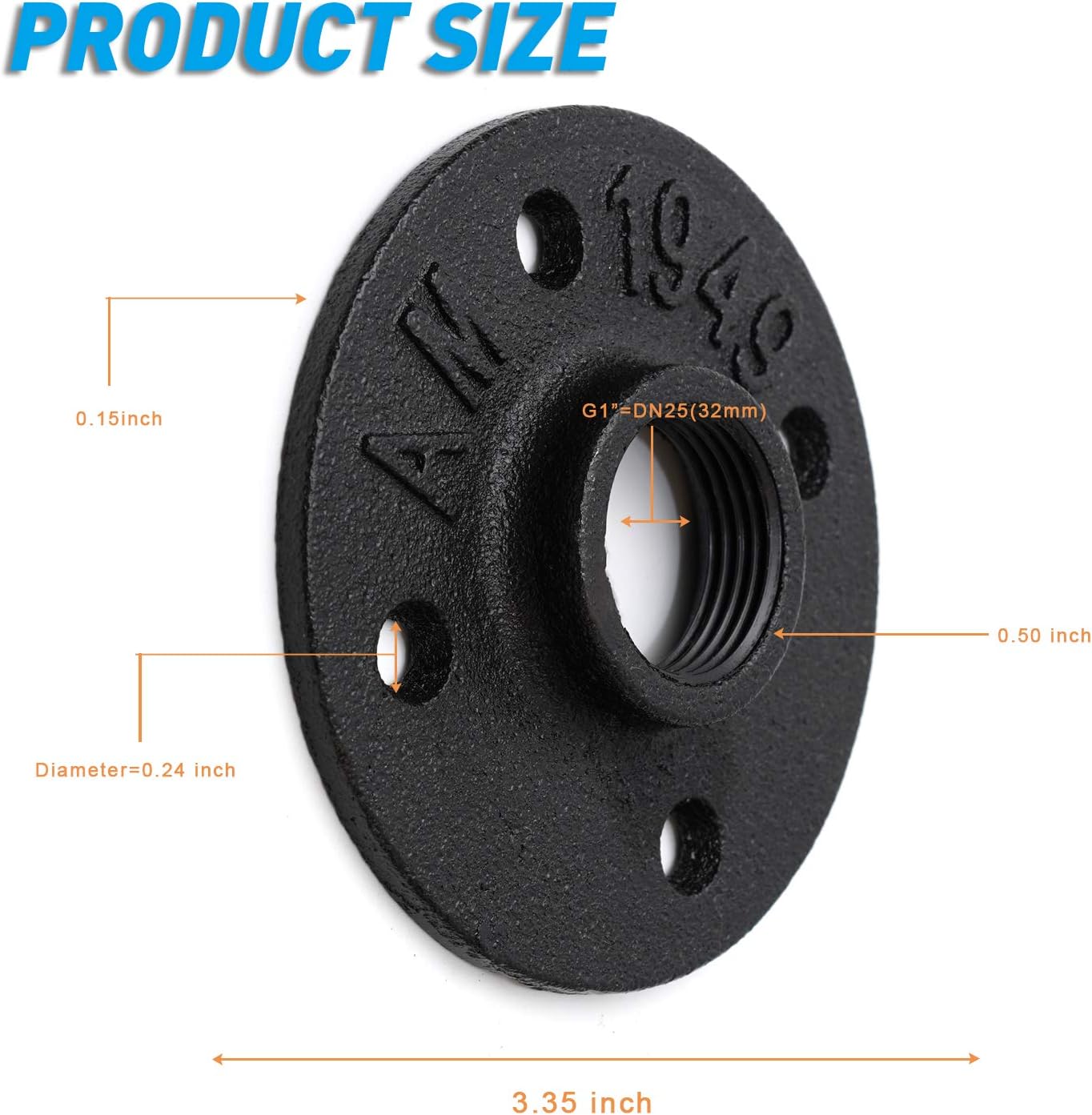 1" Black Painted Floor Flange, Home TZH 10 Pack 4 Bolts Pipe Flange for Industrial vintage style, Flanges with Threaded Hole for DIY Project/Furniture/Shelving Decoration(10, 1 Inch Black)
